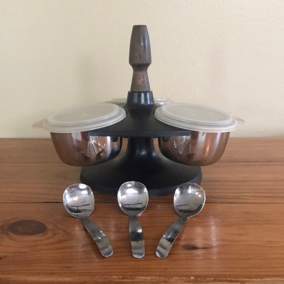 VTG MCM Foley Serve & Save Revolving 3 Bowl Condiment Server w/Spoons & Lids. - Picture 1 of 5